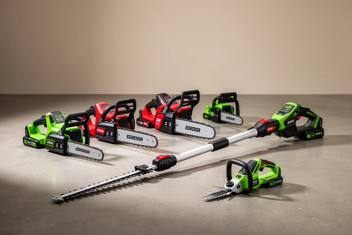 Lineup of cordless chainsaws of various sizes on a concrete floor