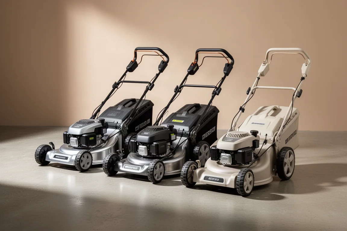 Three battery-powered self-propelled lawn mowers lined up on a concrete surface
