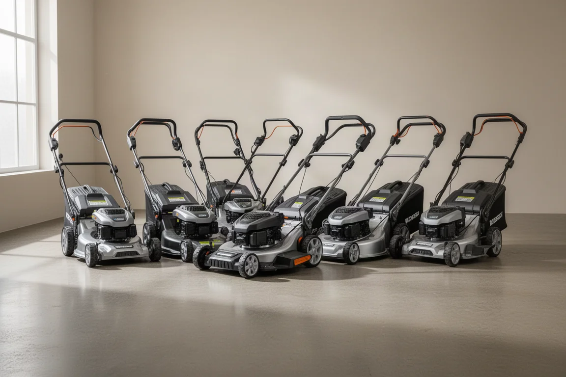 Row of cordless self-propelled lawn mowers lined up on a concrete surface