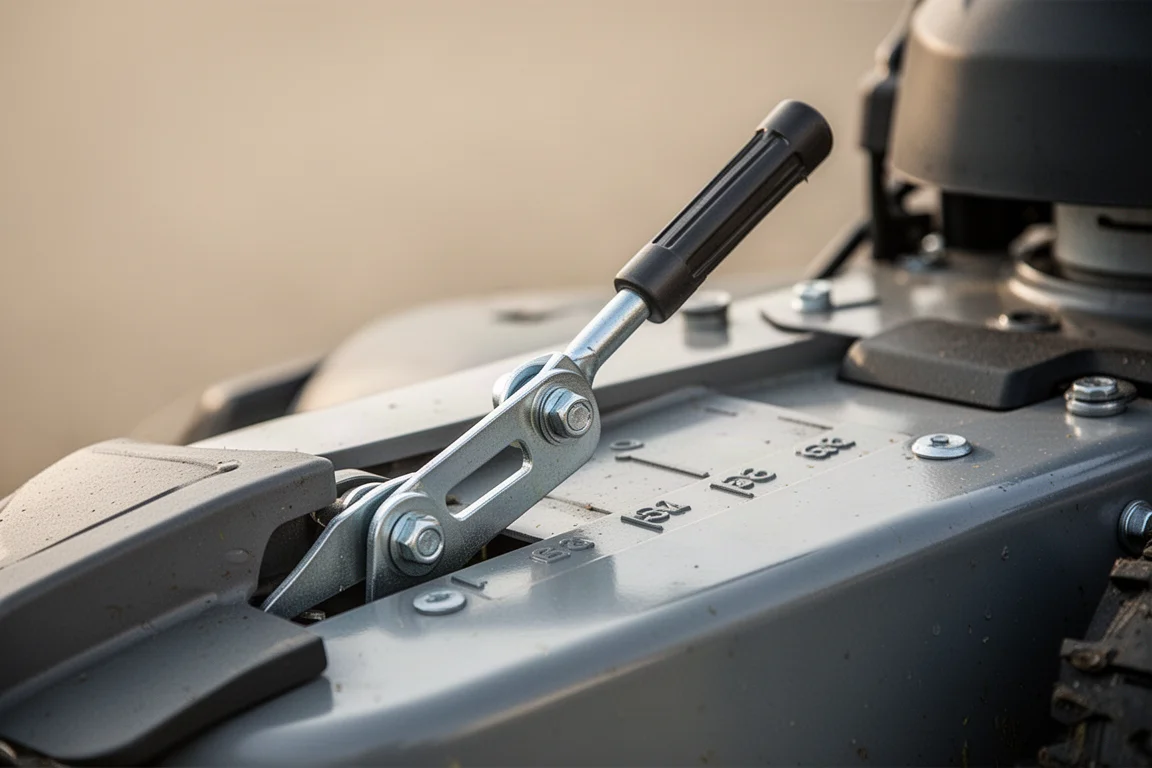 Close-up of a mower deck height adjustment lever being set