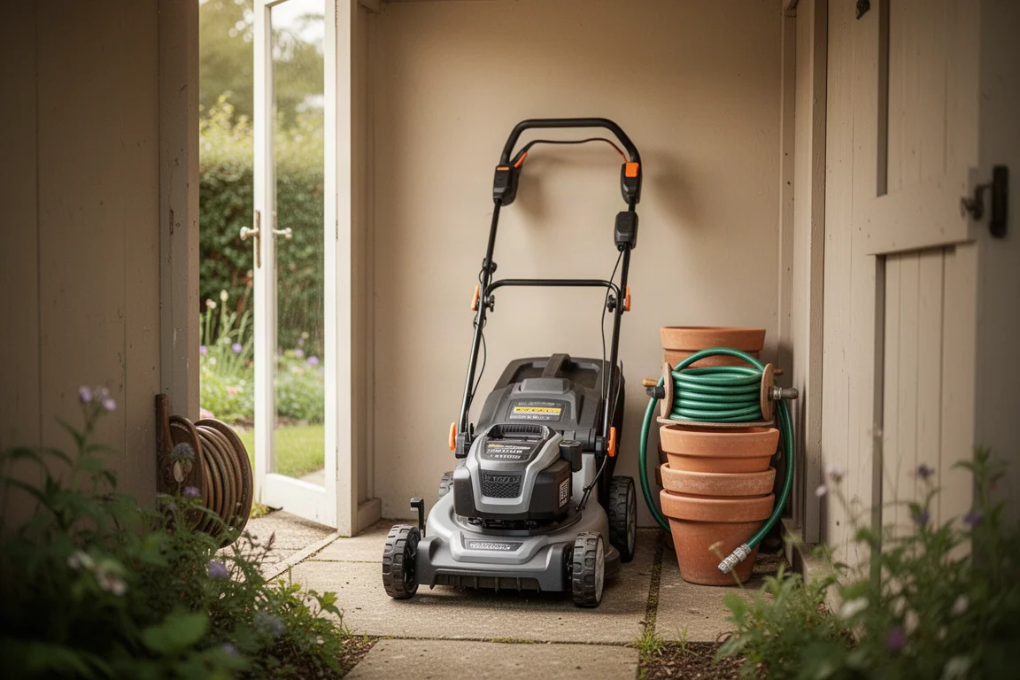 Mower handle folded down inside a compact storage shed