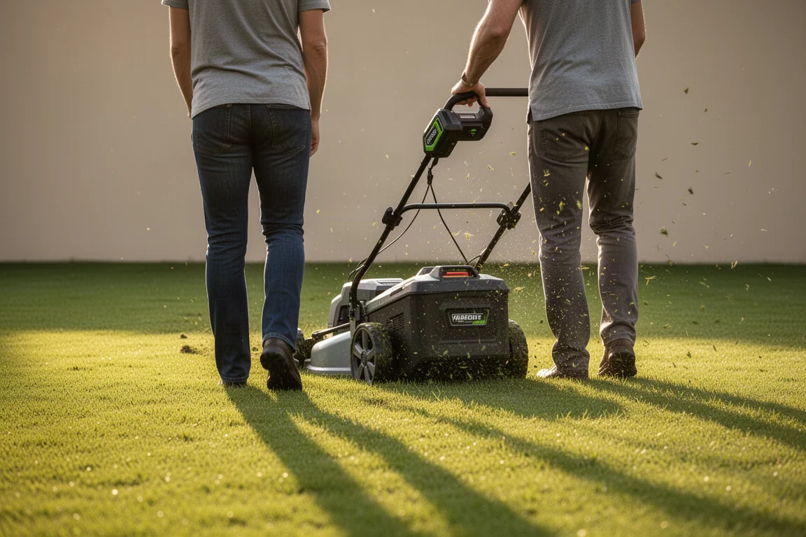 Homeowner pushing a cordless mower across a lawn in late afternoon light