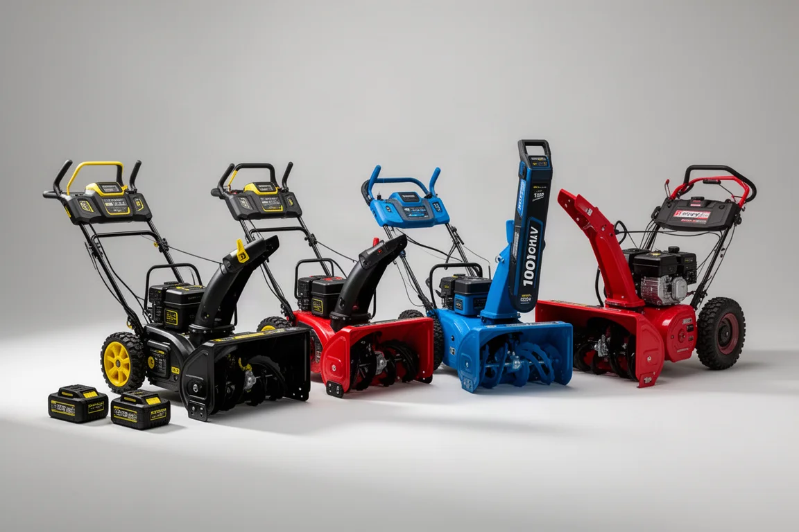 Lineup of battery and gas snowblowers on a grey studio backdrop