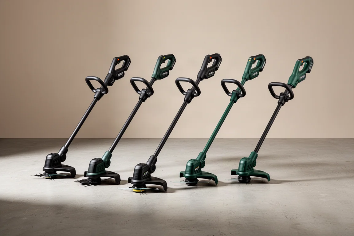Lineup of cordless battery-powered string trimmers on a concrete patio