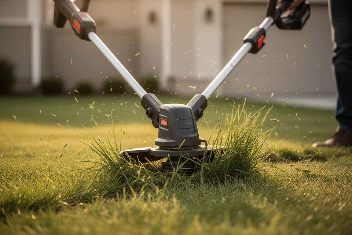 String trimmer cutting through tall grass in a residential yard