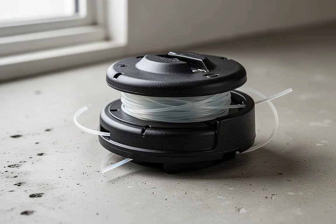 Close-up of a string trimmer head loaded with fresh nylon line