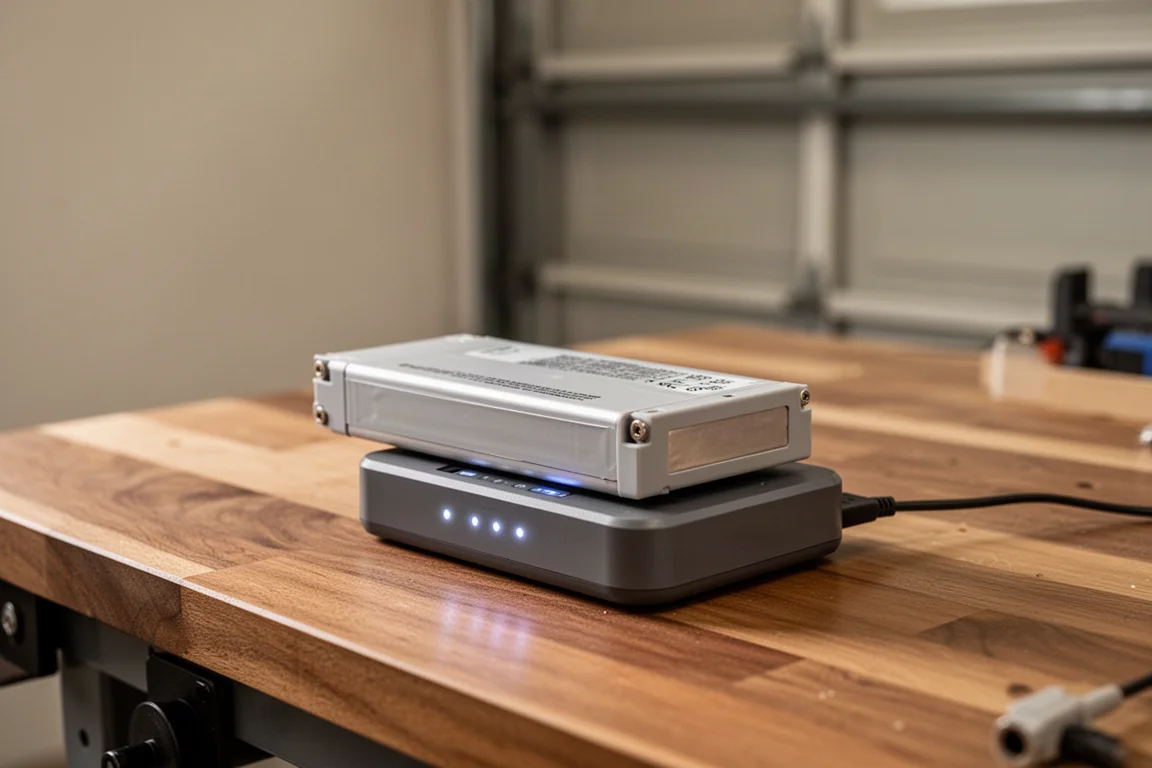 Battery pack and charger on a garage workbench