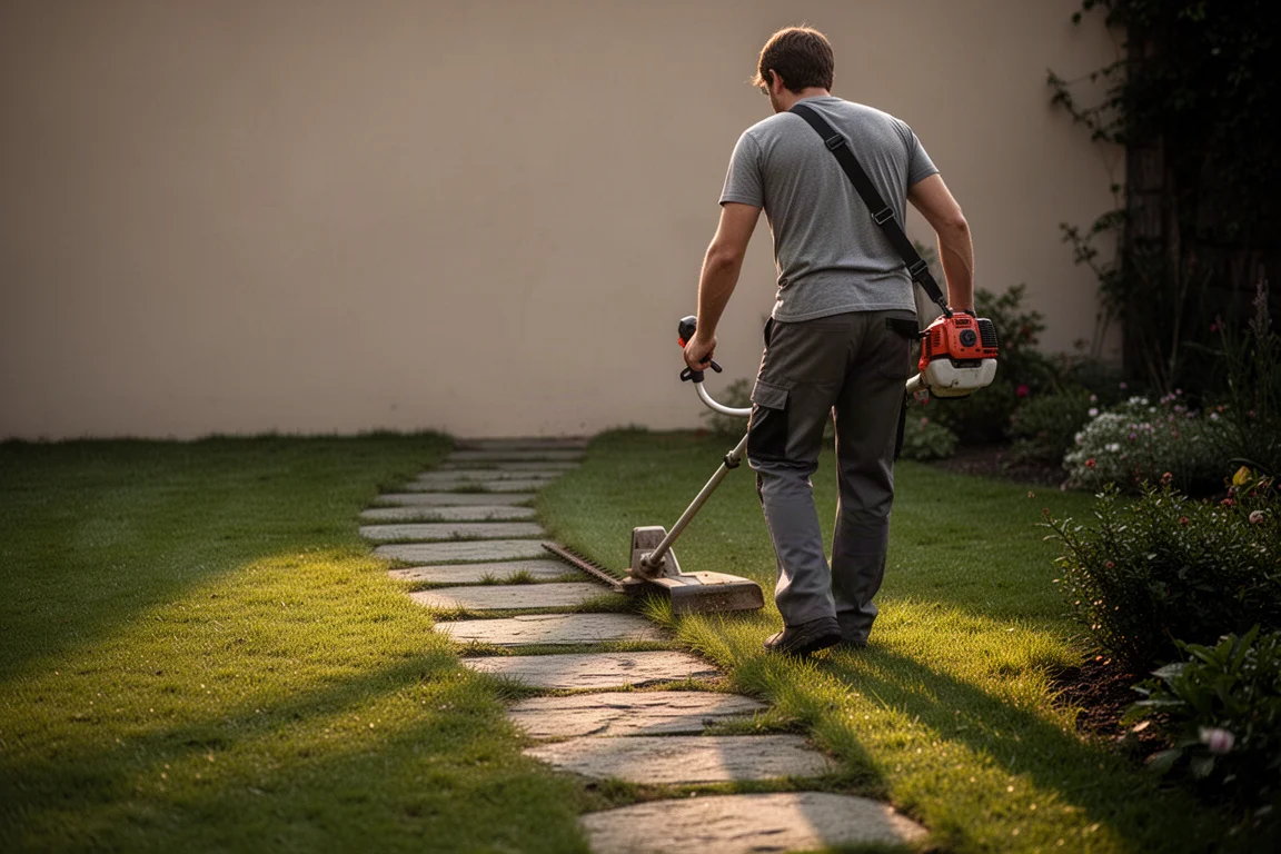 Person trimming lawn edges along a garden path in the evening