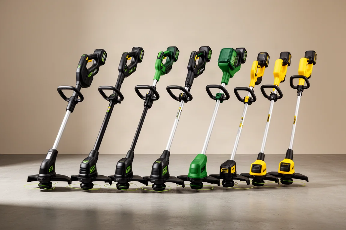 Nine battery-powered string trimmers lined up on a concrete surface