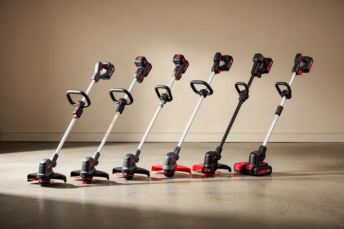 Lineup of six cordless string trimmers on a concrete floor