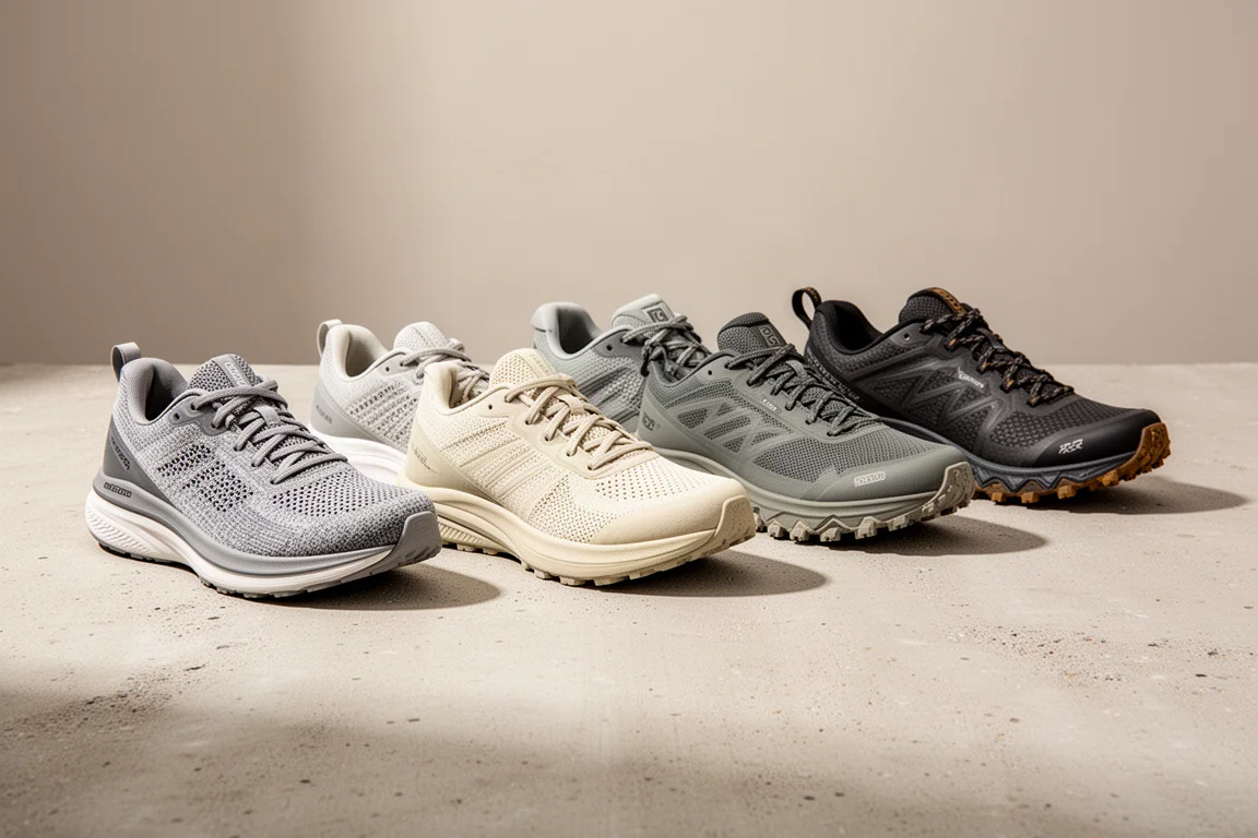 Seven running shoes of varied styles arranged on a pale sand-toned surface