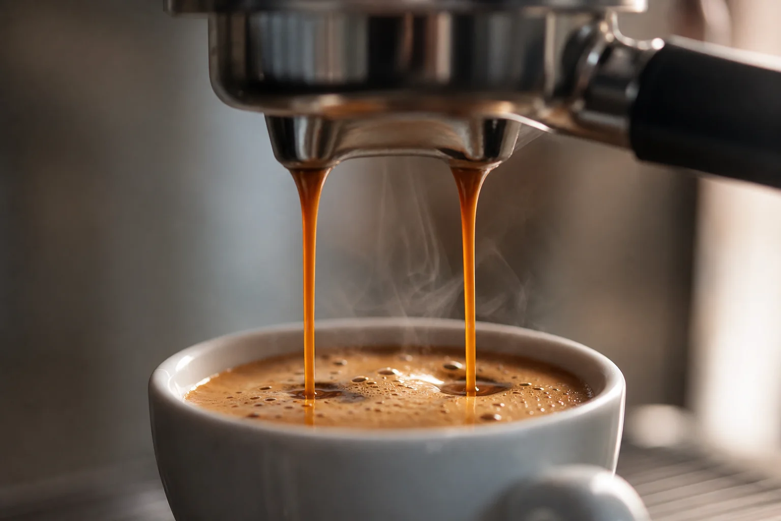 Espresso extraction flowing into white cup with golden crema