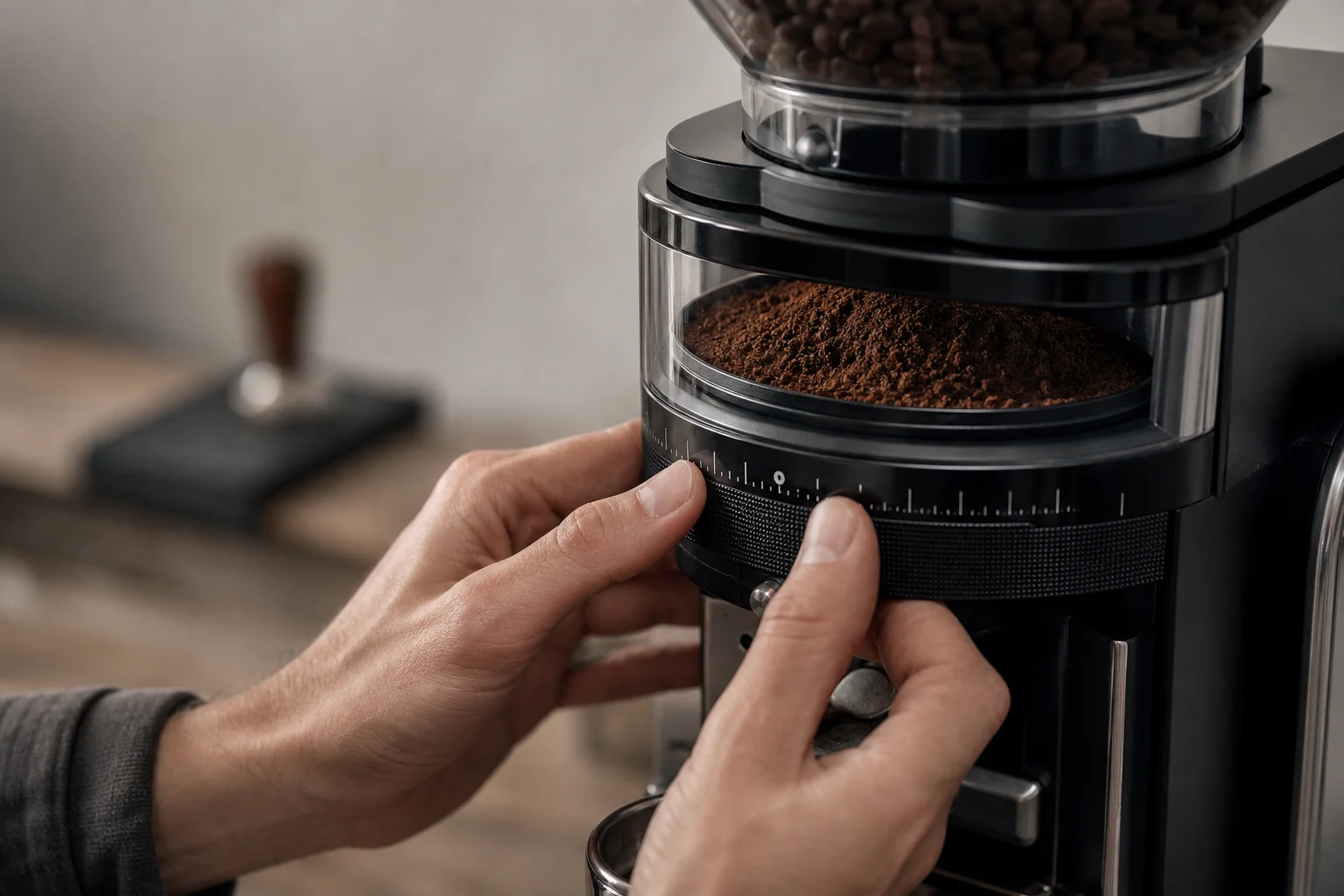 Hands adjusting grind settings on coffee machine burr grinder