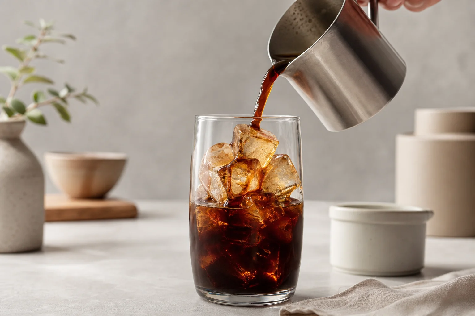 Cold brew espresso being poured over ice into tall glass