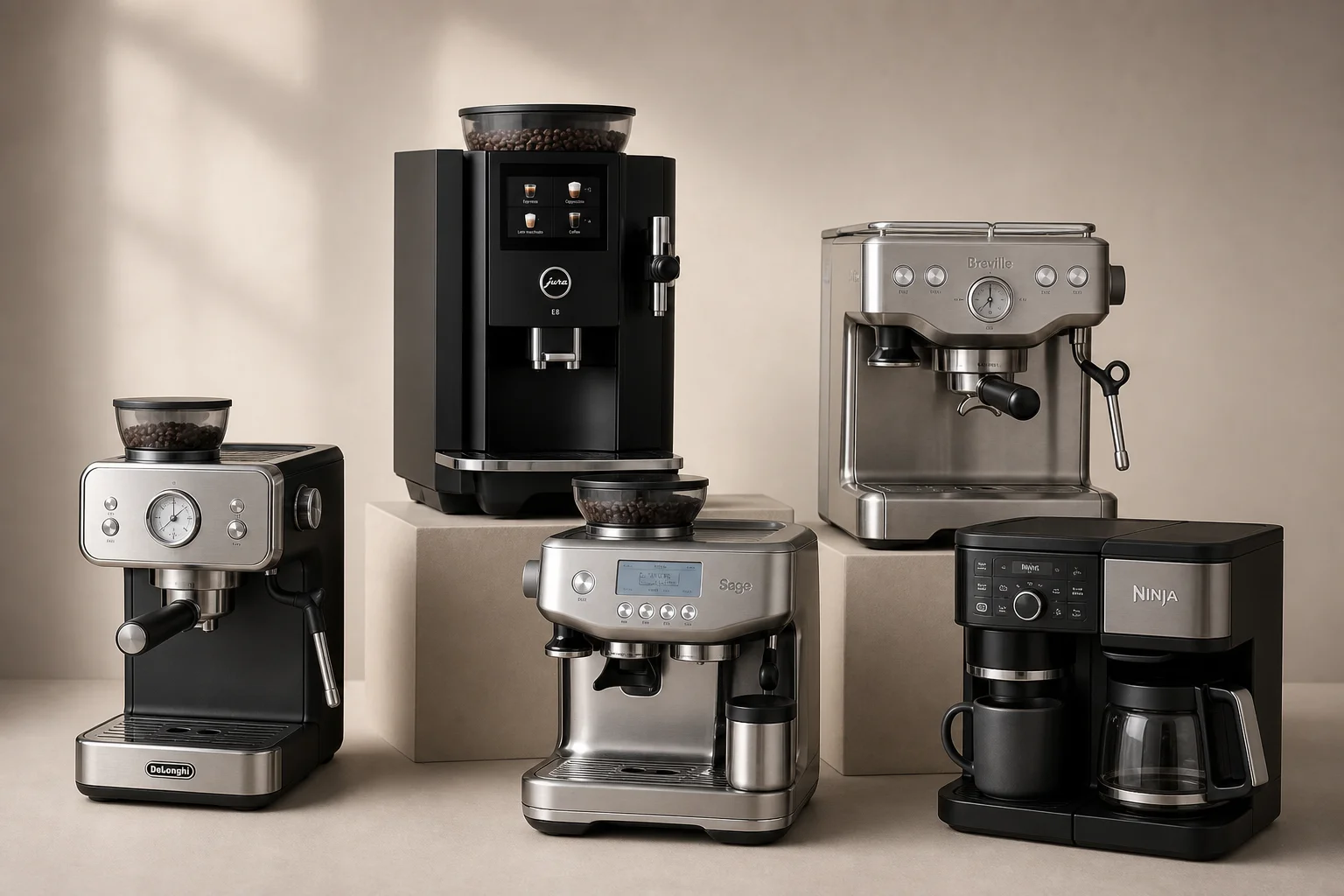 Five bean-to-cup coffee machines displayed on neutral backdrop