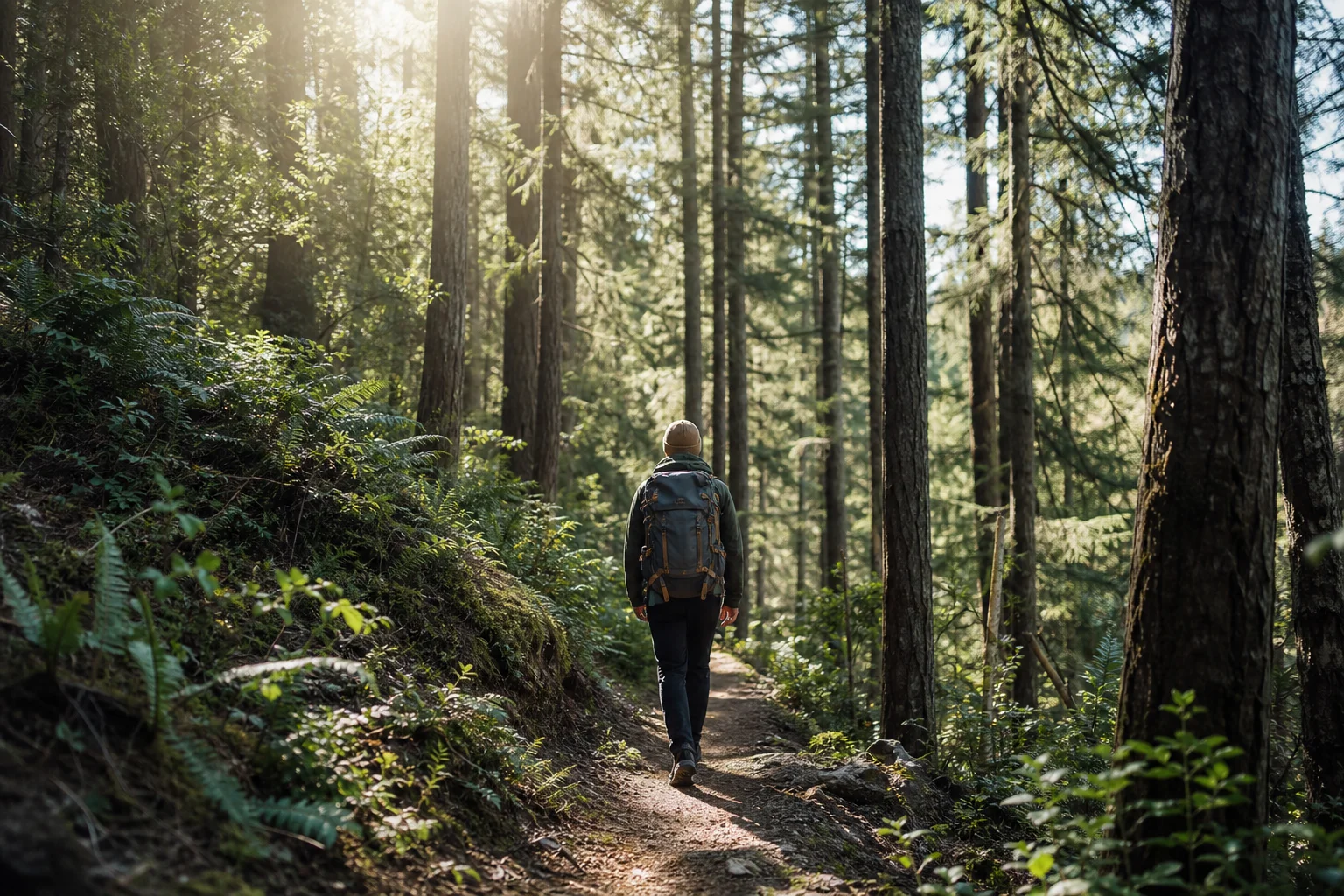 Hiker with backpack walking through dense forest trail
