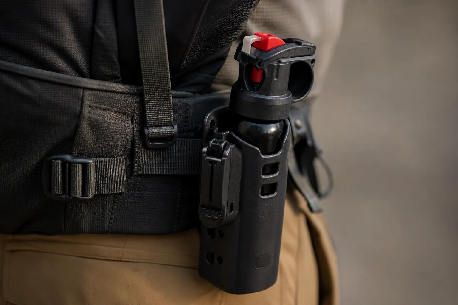 Close-up of bear spray holster attached to hiking belt
