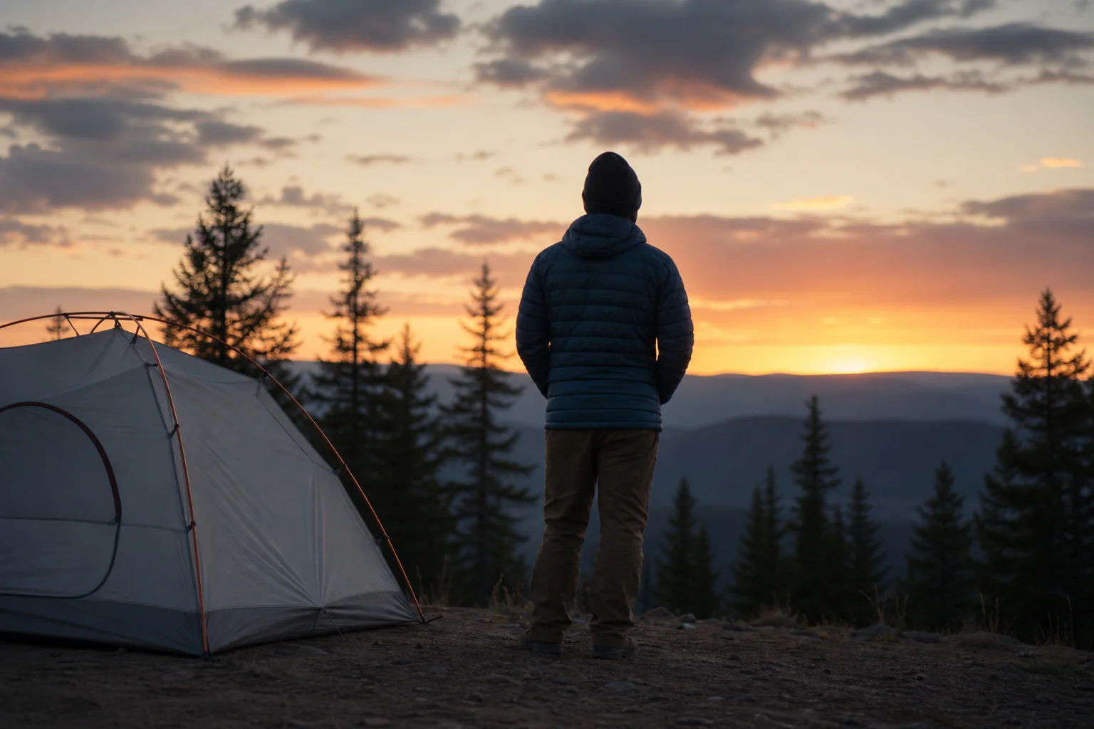 Camper at dusk with tent and forest backdrop