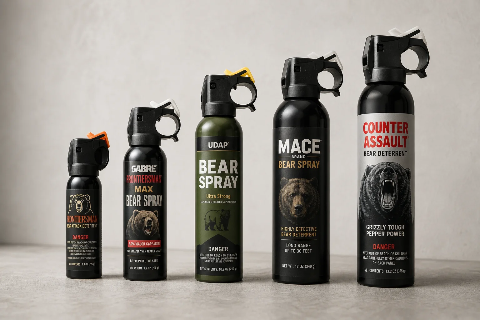 Cinque bombolette di spray anti-orso di varie dimensioni disposte su una superficie in cemento