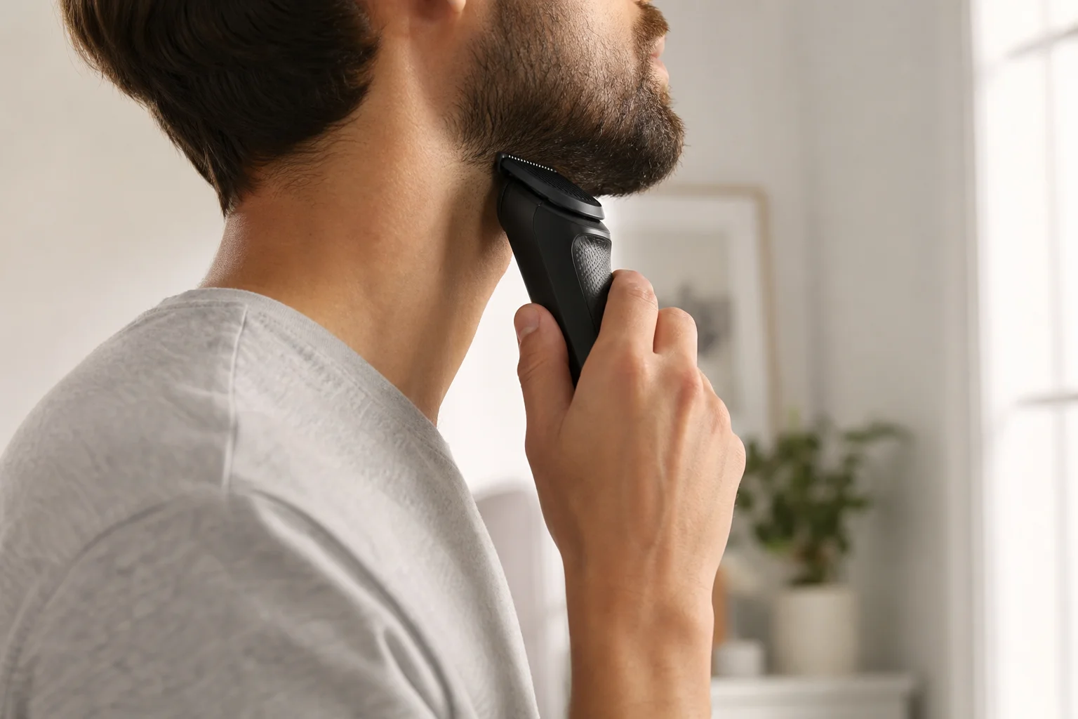 Person using cordless trimmer on beard with natural window light