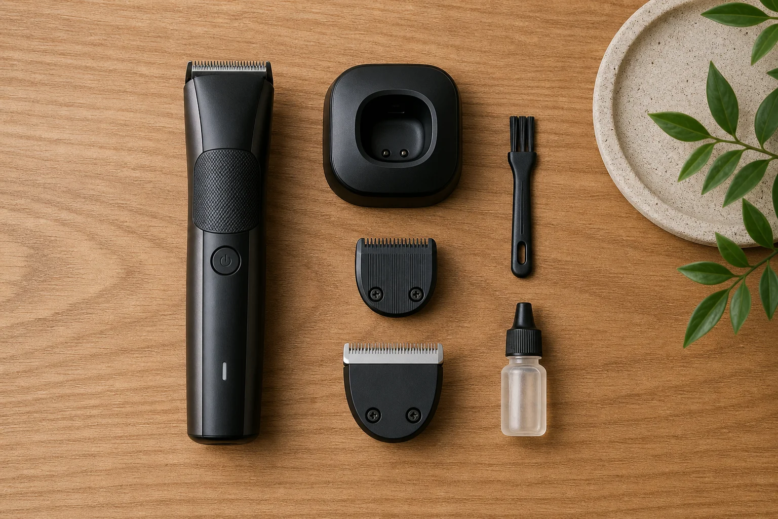 Trimmer charging dock and accessories laid out on wooden surface