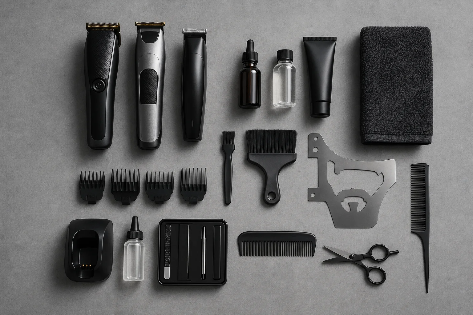 Professional grooming setup with multiple trimmers and maintenance tools