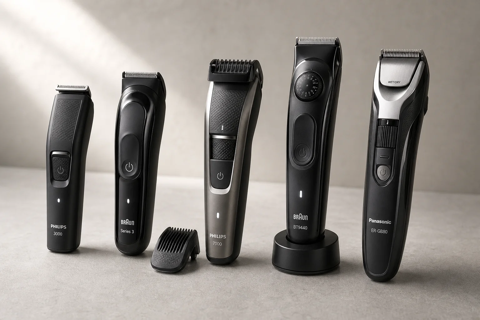 Five professional beard and hair trimmers arranged on concrete surface