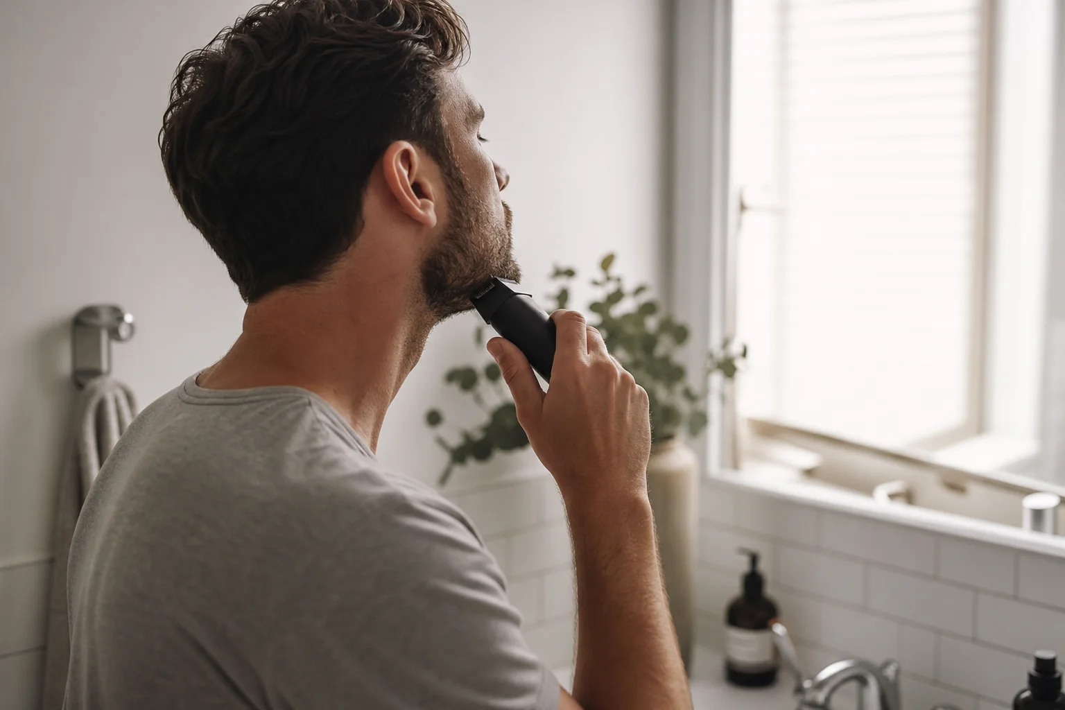 Uomo che rifinisce la barba con un regolabarba di precisione davanti allo specchio del bagno