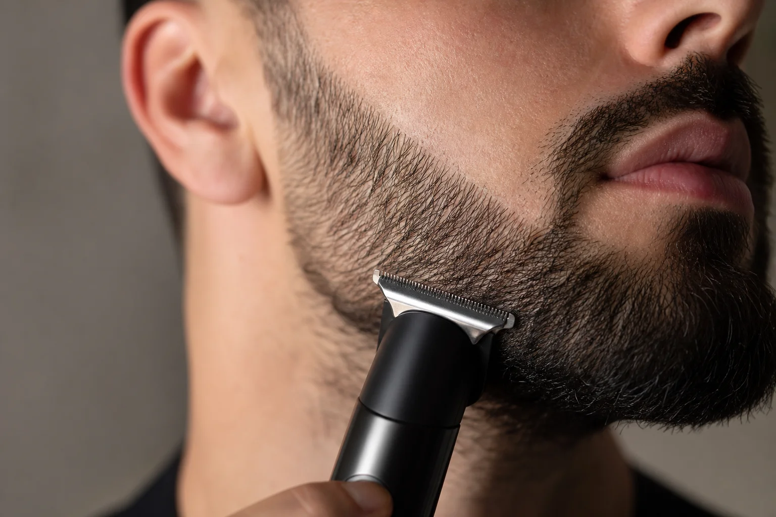 Primo piano di una testina a lama a T che crea linee nette sulla barba