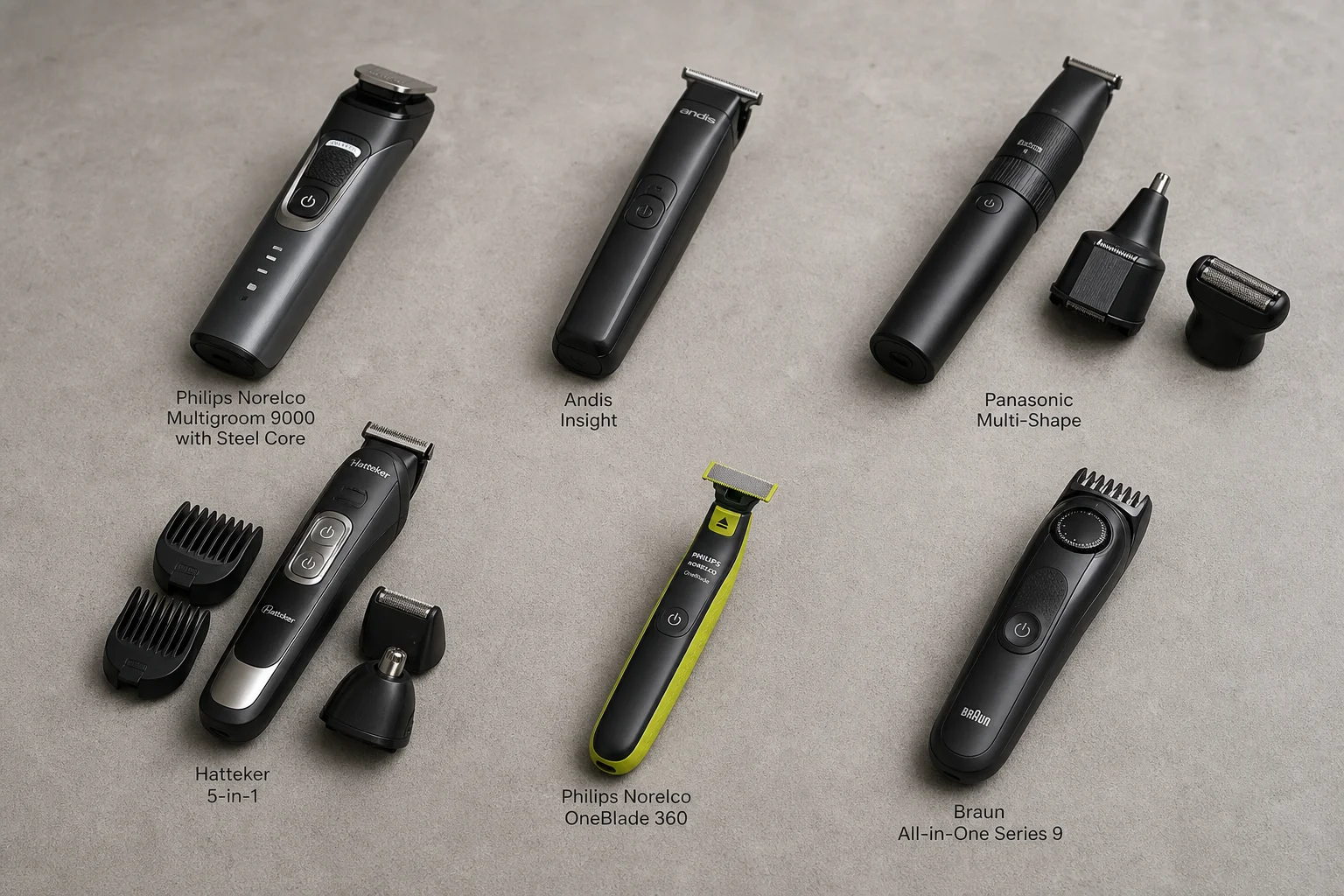 Six beard trimmers arranged on concrete surface for comparison