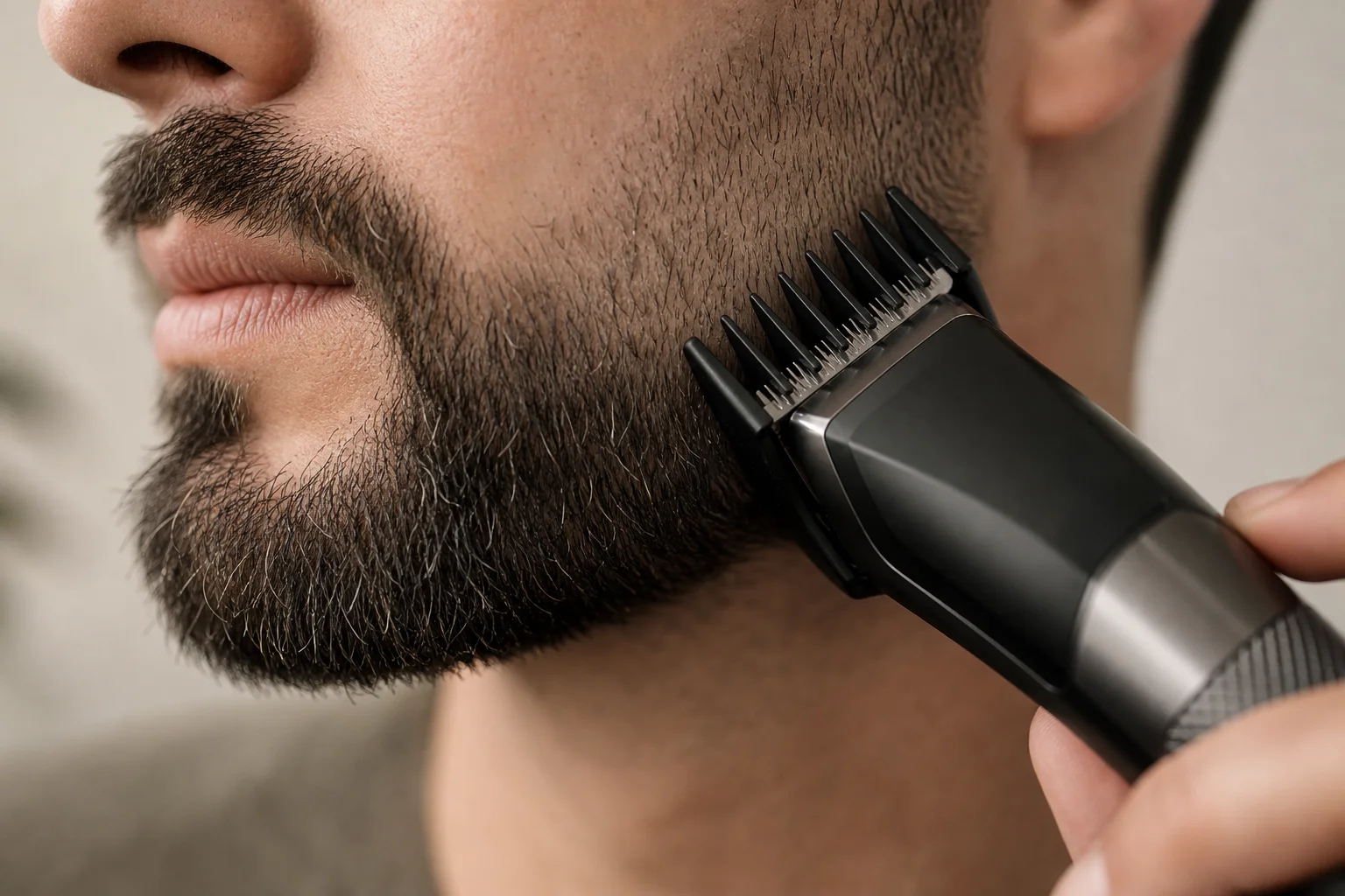 Gros plan sur un dégradé de barbe avec un sabot de précision sur les poils du visage