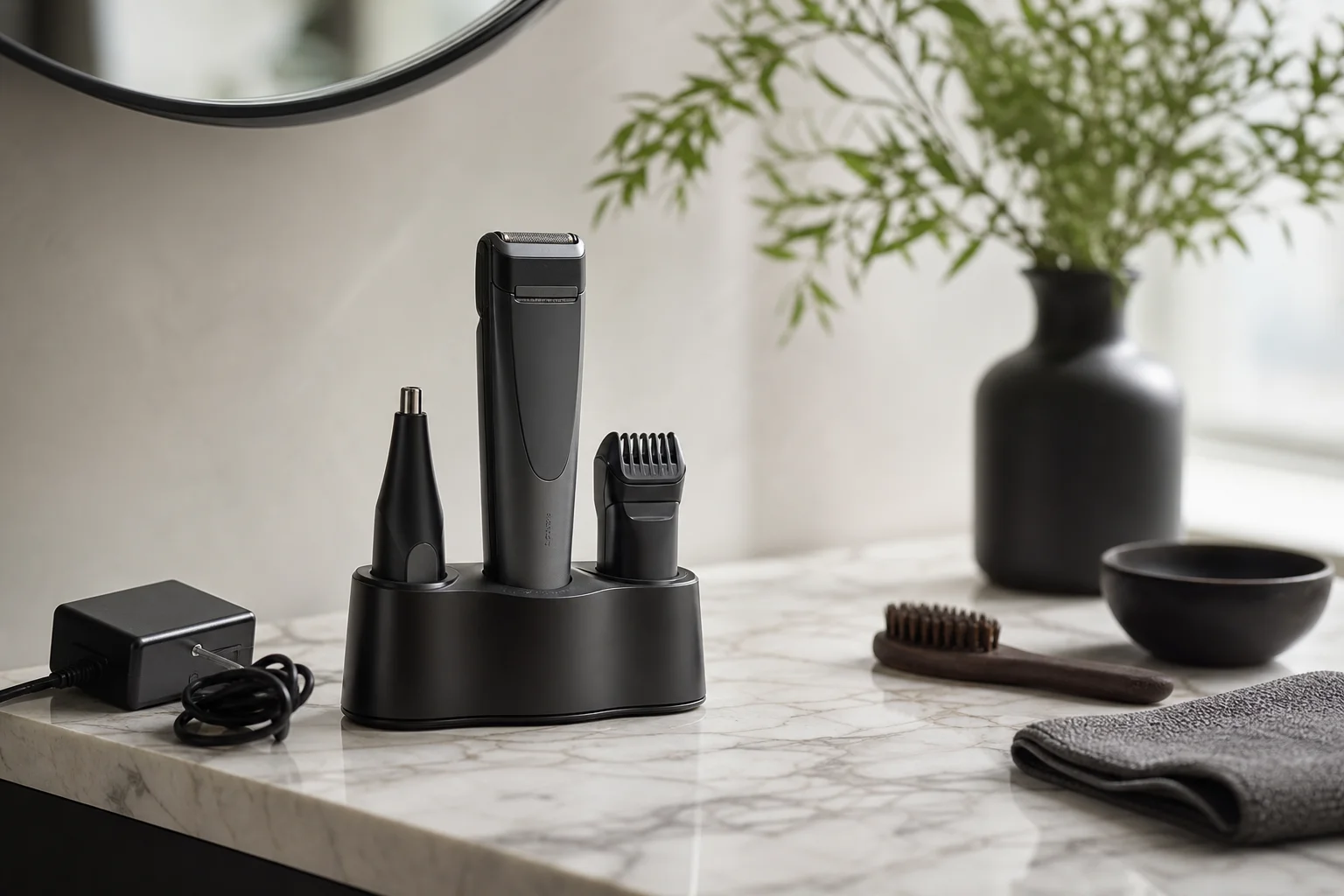 Installation de salon professionnel avec outils de soin et station de charge sur un comptoir en marbre
