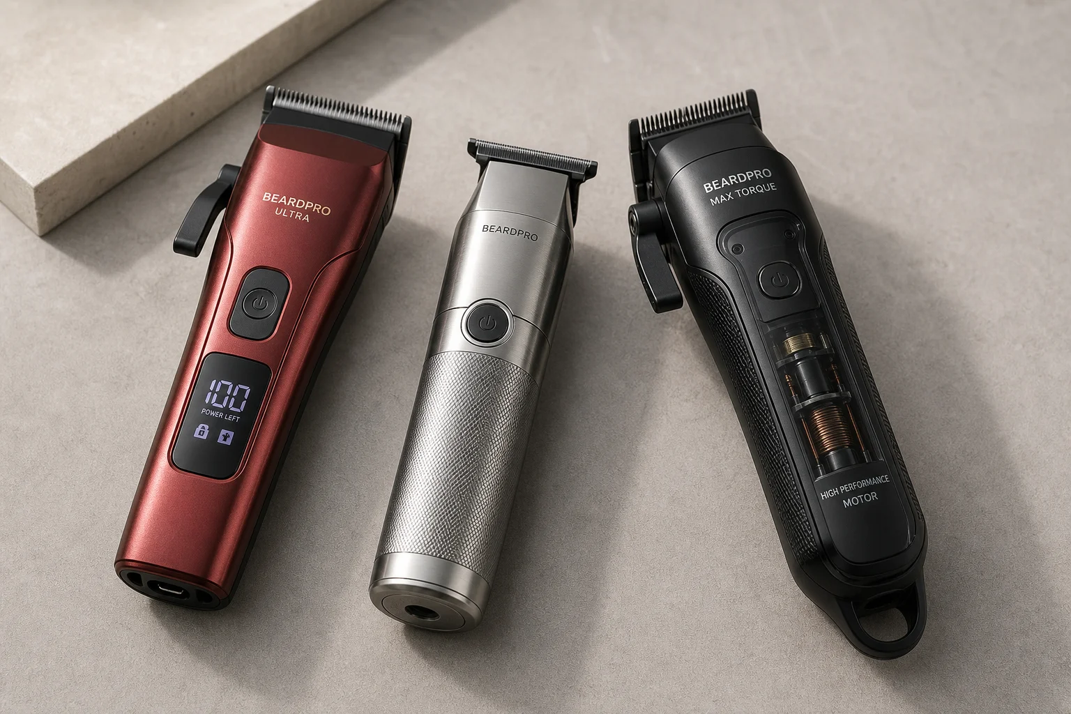 Three beard trimmers in red, metal, and black finishes arranged on concrete