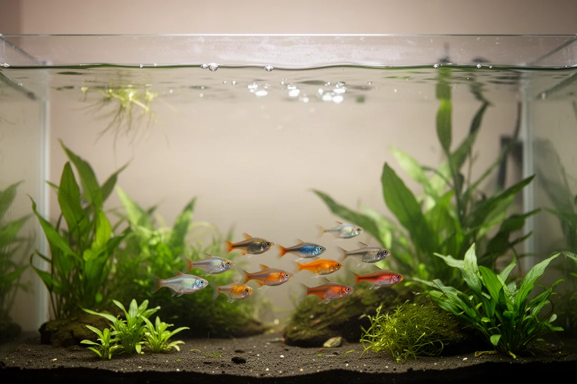 水草間悠游著混養魚隻的淡水水族箱