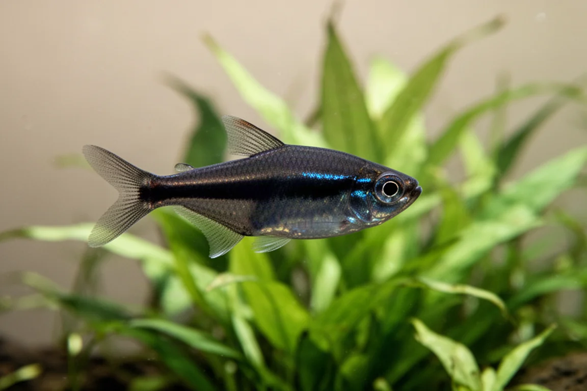 在種植水草的魚缸中游動的黑幻影燈魚