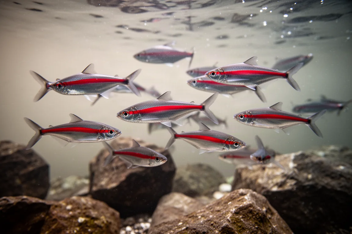 在大型魚缸中逆著水流游動的紅線魚雷鯽