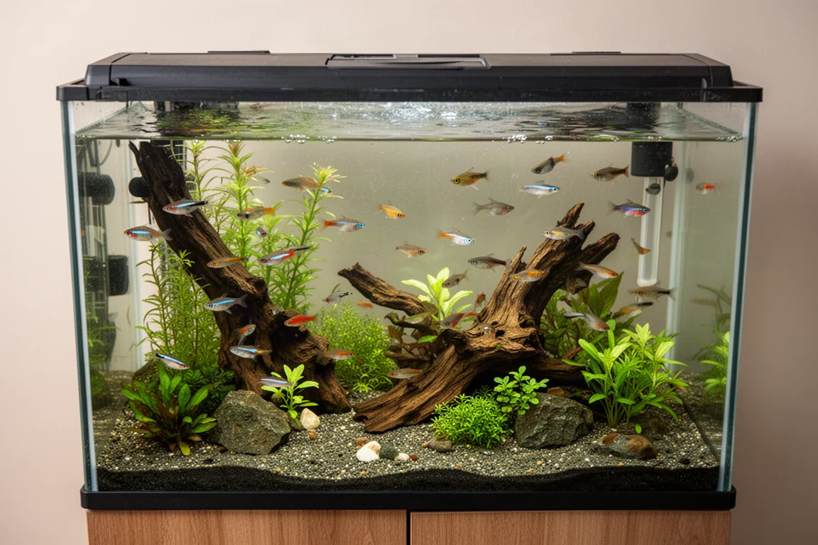 養魚玩家觀察飼養著多種魚類的混養缸