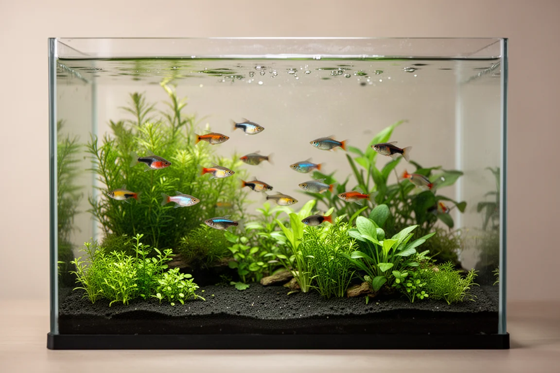 Freshwater aquarium with community fish swimming among plants