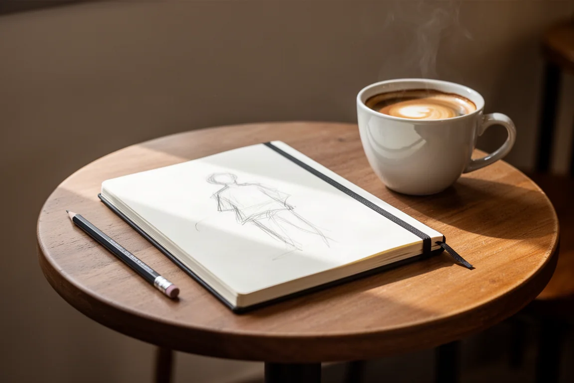 Sketchbook open on a cafe table beside a pencil and coffee cup