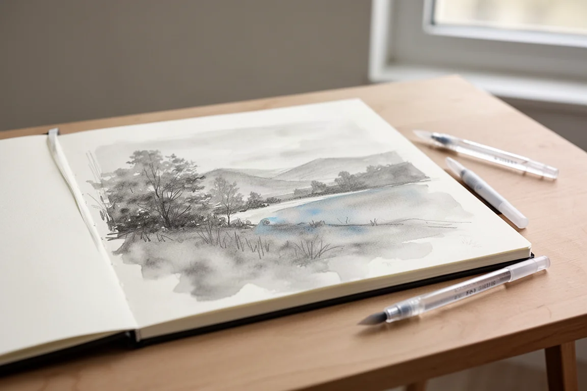 Wide-format sketchbook with a loose landscape study in graphite and wash