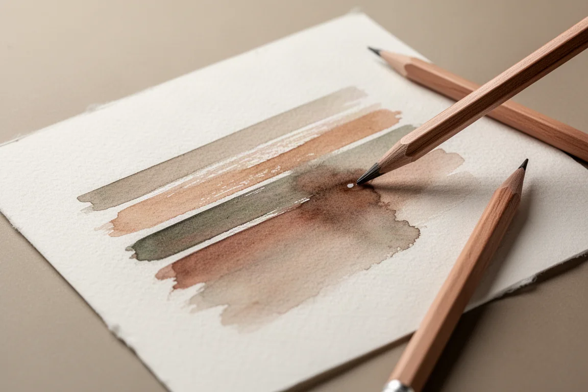 Watercolor pencil strokes on paper being dissolved into a wash with a wet brush