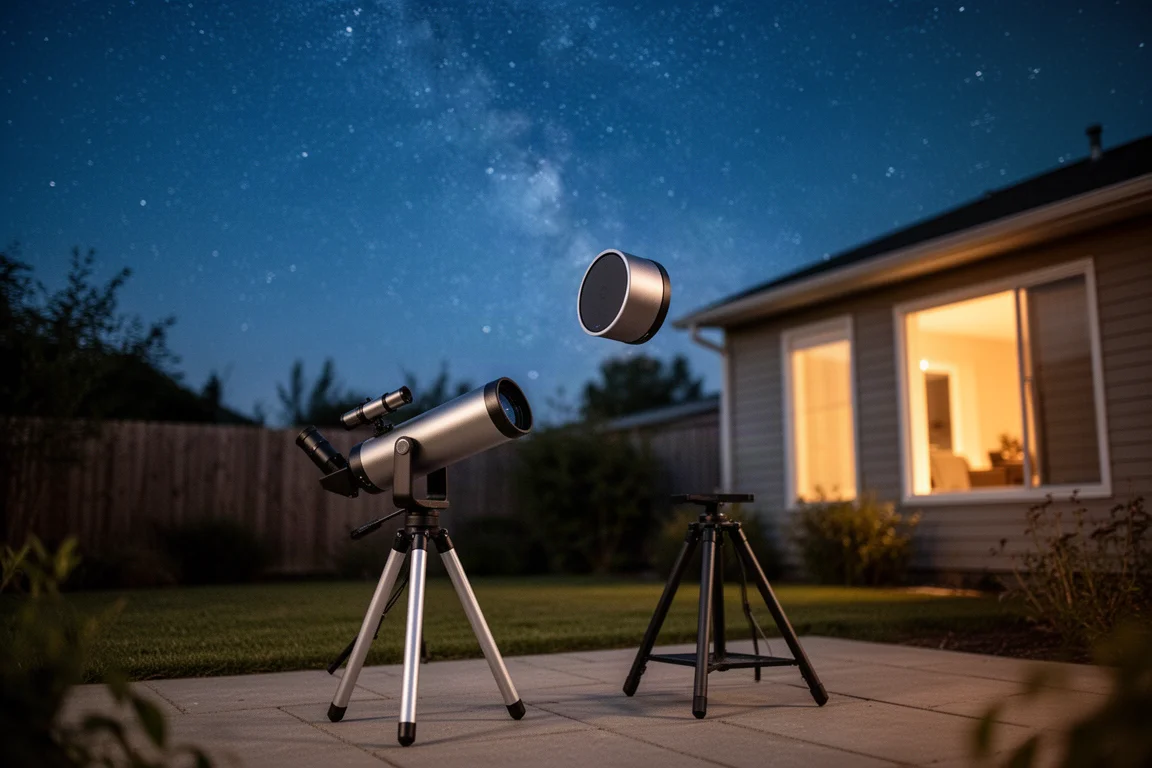 Kompaktes Smart-Teleskop auf einer Terrasse aufgebaut, das den Nachthimmel aufnimmt