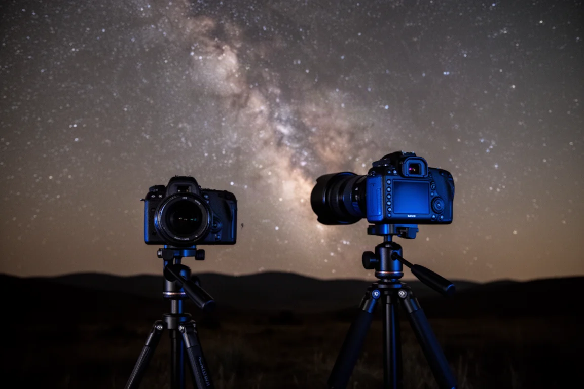 DSLR mit Weitwinkelobjektiv, gerichtet auf die Milchstraße über einer dunklen Landschaft