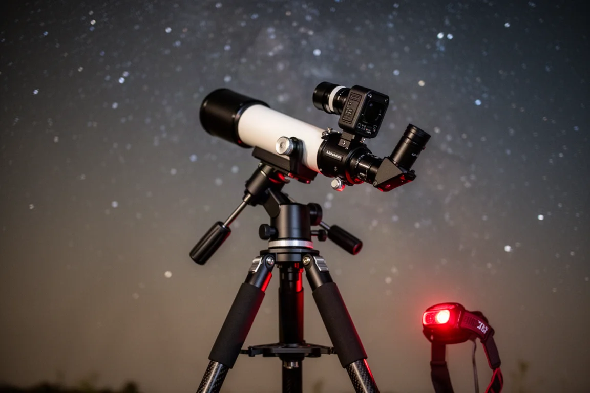 Kompaktes Refraktor-Teleskop und Astronomie-Kamera-Aufbau unter einem Sternenhimmel