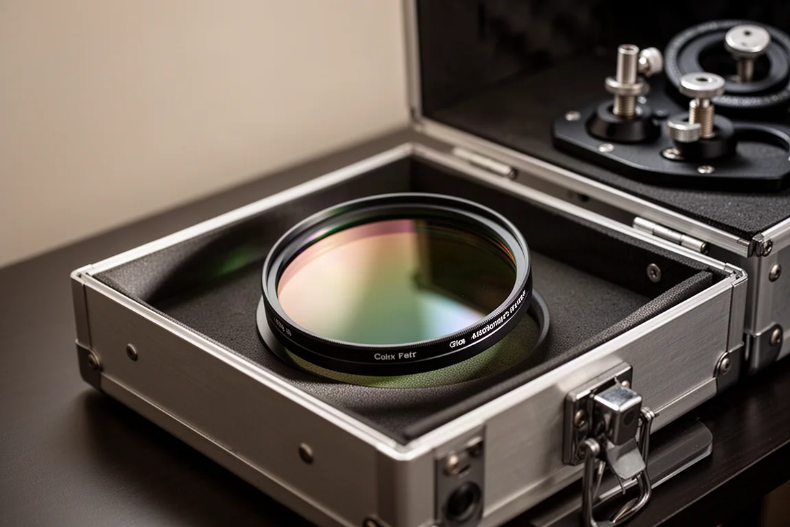 Schmalbandfilter in einem Filterhalter neben Teleskop-Ausrüstung
