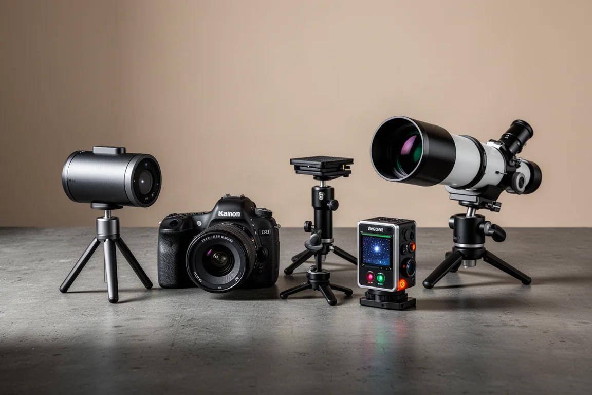 Lineup of beginner astrophotography gear including a smart telescope, DSLR, star tracker, and camera rig on a dark surface