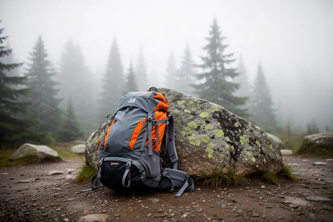 Randonneur avec un sac chargé marchant sur un sentier forestier humide par temps froid et venteux