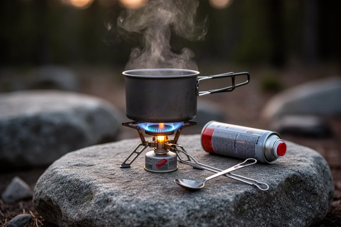 Doudoune pliée et gants sur une bûche près d'une tente par matin froid
