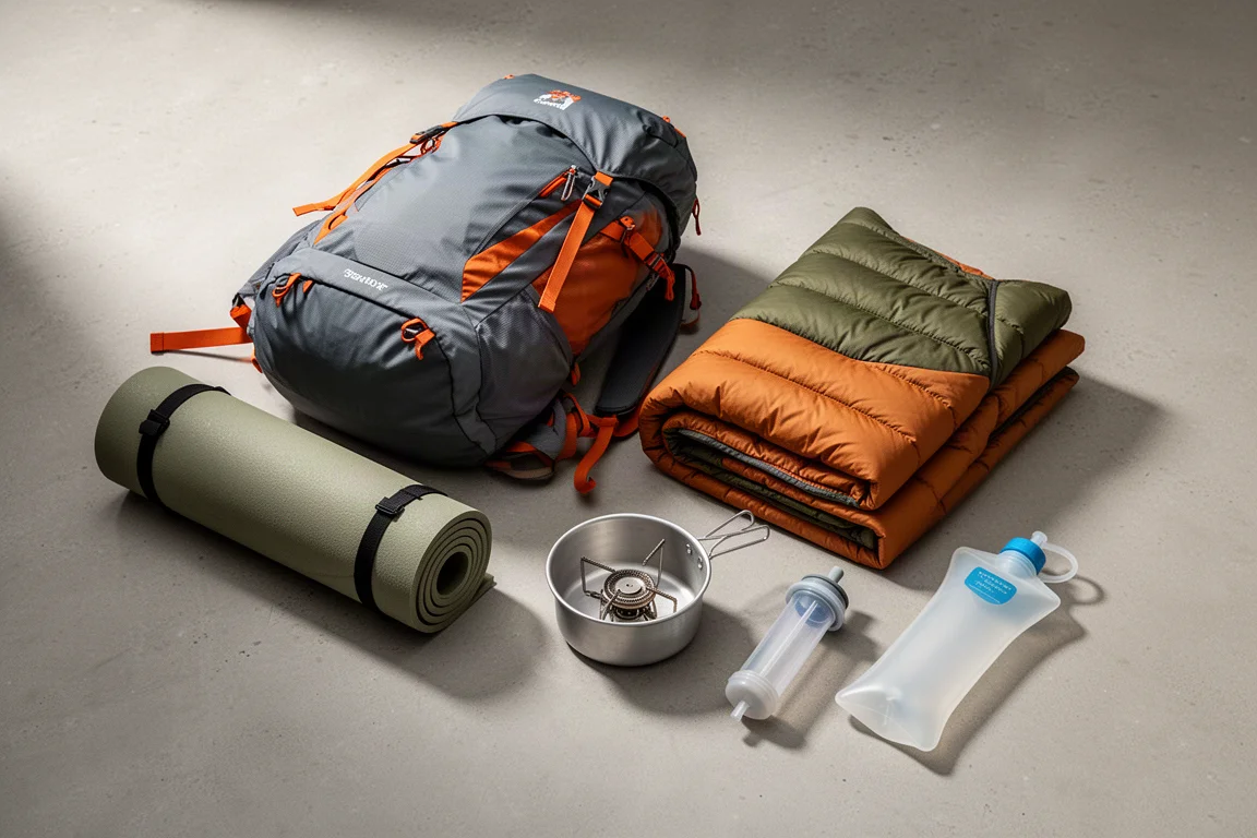 Backpacking gear flat-lay with roll-top pack, titanium pot, stove, and down jacket