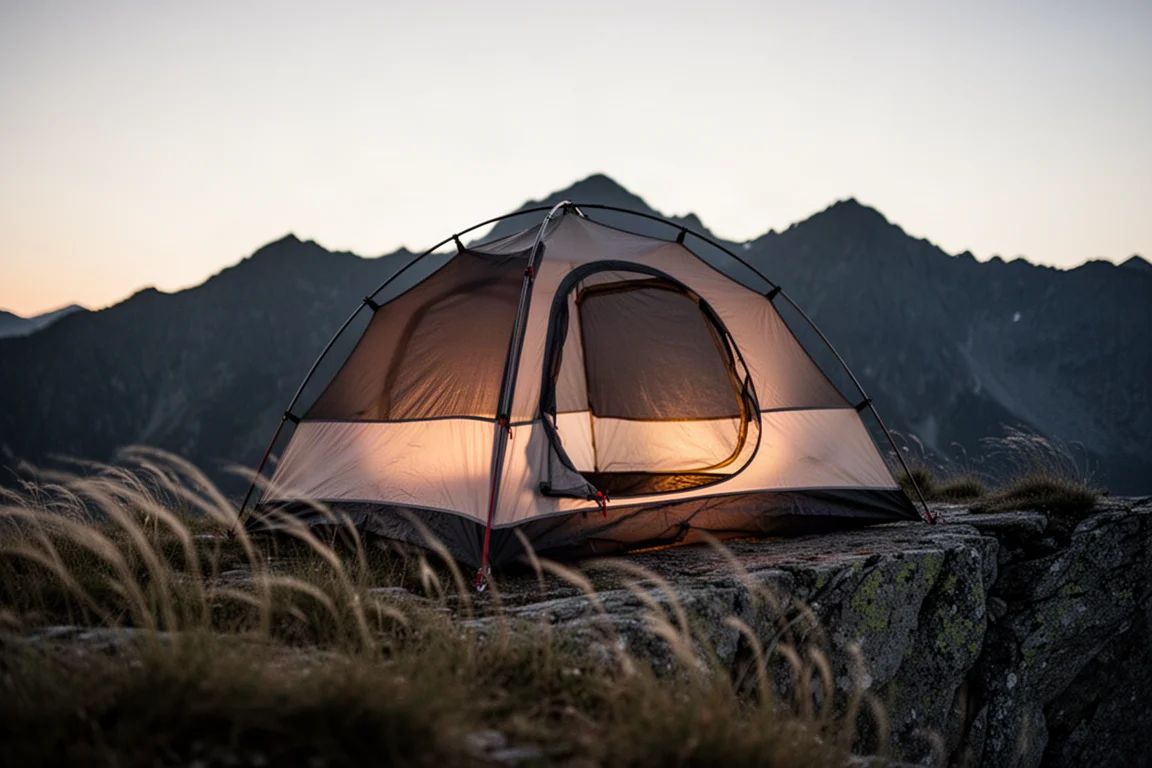 Freestanding two-person tent pitched on a rocky ledge at dusk